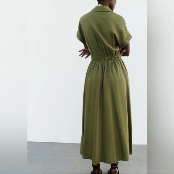 ZARA Dress Midi Shirt Wooden Button Down Olive Green Johnny Collar Elastic Waist - Picture 3 of 10